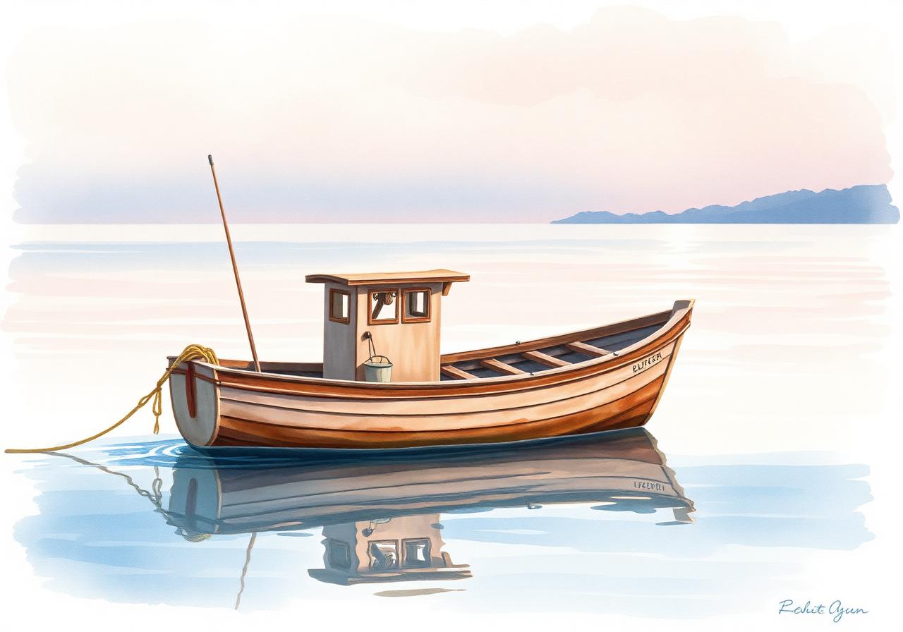 Watercolor of a small farming boat at dawn